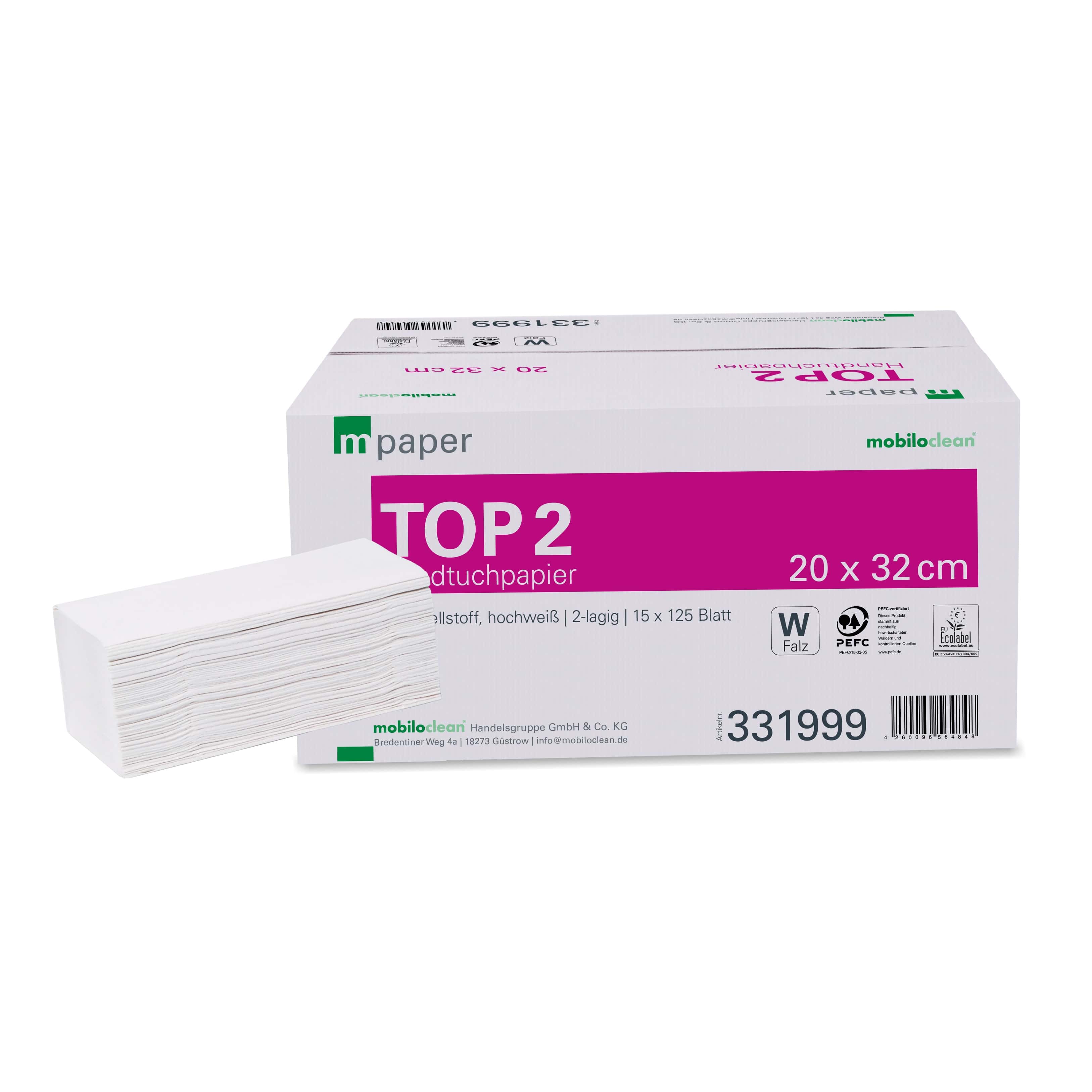 Mobiloclean Papierhandtücher W Fold Weiße Papierhandtücher im Karton mit rosa Logo und W-Faltung für professionelle Hygiene im gewerblichen Bereich