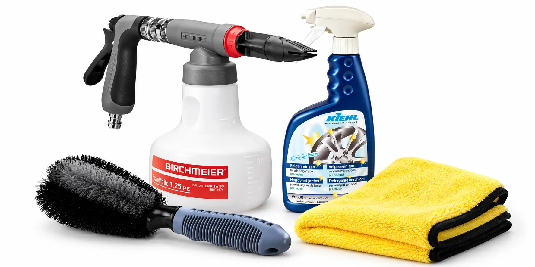 Birchmeier Schaumsprüher, Kiehl Felgenreiniger-Sprühflasche, Reinigungsbürste und gelbes Mikrofasertuch