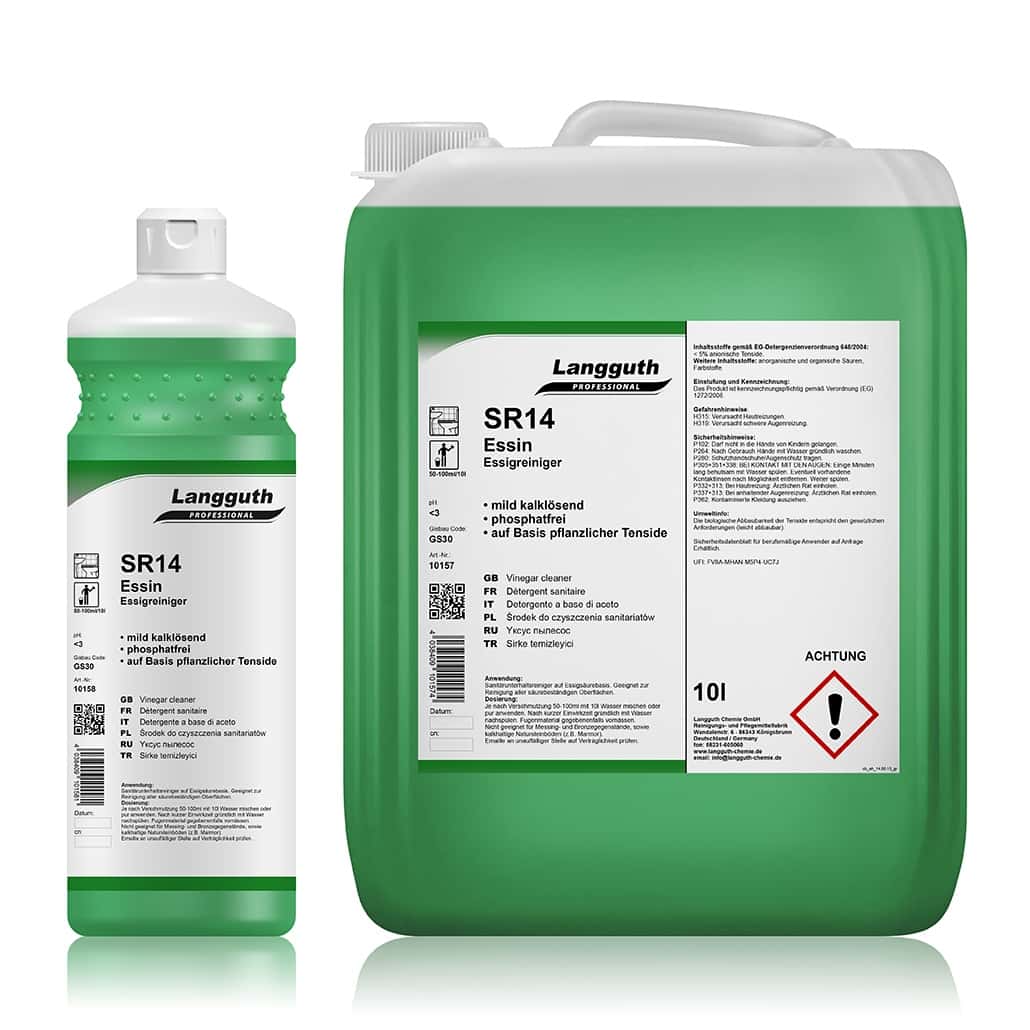 Langguth SR14 Essigreiniger Langguth SR14 Essigreiniger in Flasche und Kanister mit Etiketten