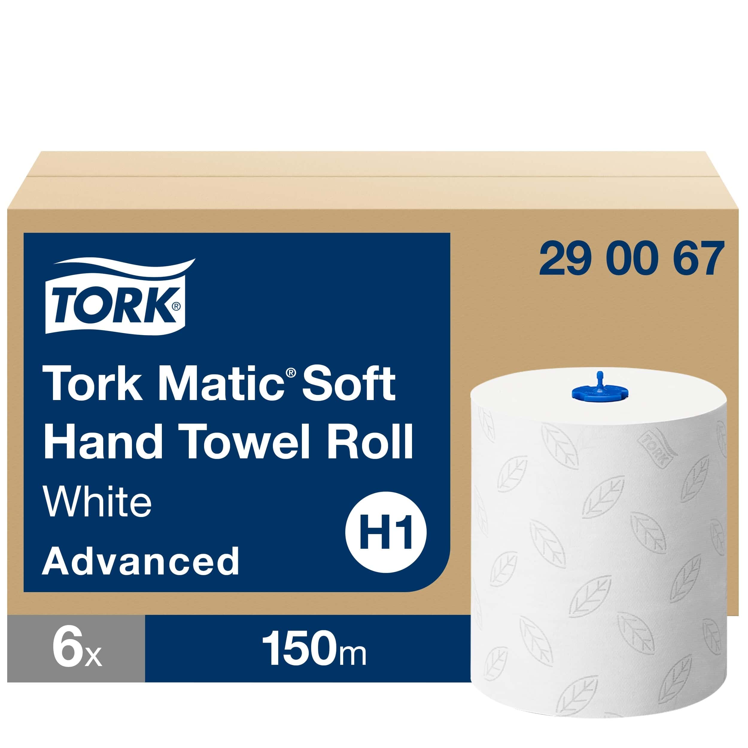 Tork Matic weiche Handtuchrolle Tork Matic Soft Handtuchrolle in weißer Verpackung, 150 m Länge.