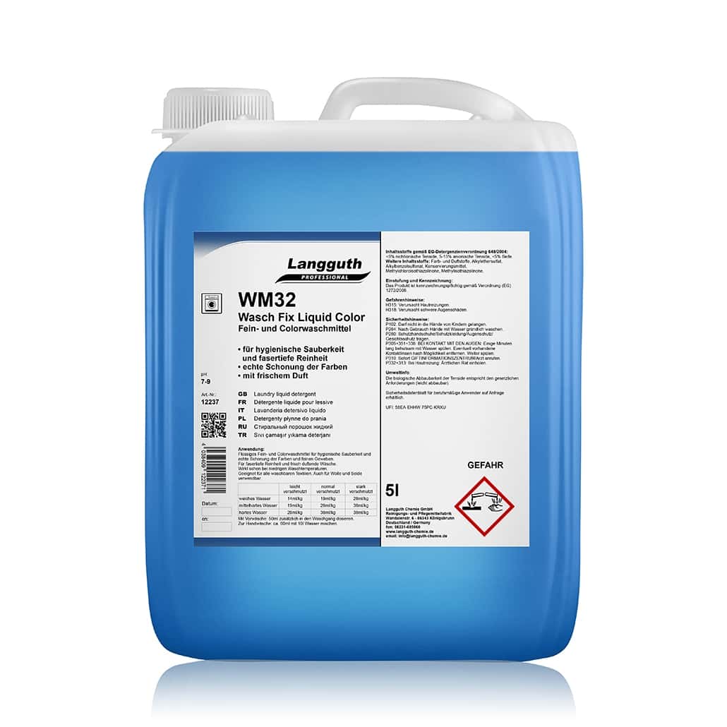 Languth WM32 Wasch Fix Liquid Color Fein- und Colorwaschmittel im blauen 5-Liter-Kanister mit weißem Etikett Languth WM32 Wasch Fix Liquid Color Fein- und Colorwaschmittel im blauen 5-Liter-Kanister mit weißem Etikett