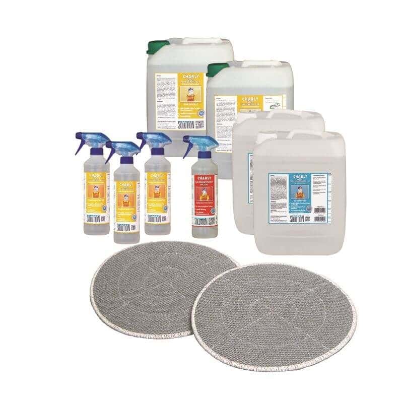 Charly Reinigungszubehör-Set Charly Reinigungsmittel-Set mit Sprühflaschen, Kanistern und runden grauen Reinigungspads für die professionelle Bodenpflege