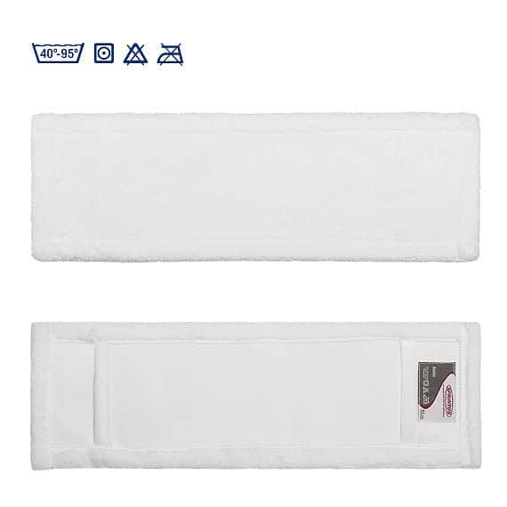 Weißes Reinigungspad für den professionellen Einsatz Weißes Reinigungspad mit weicher Textur und Etikett zur Befestigung.