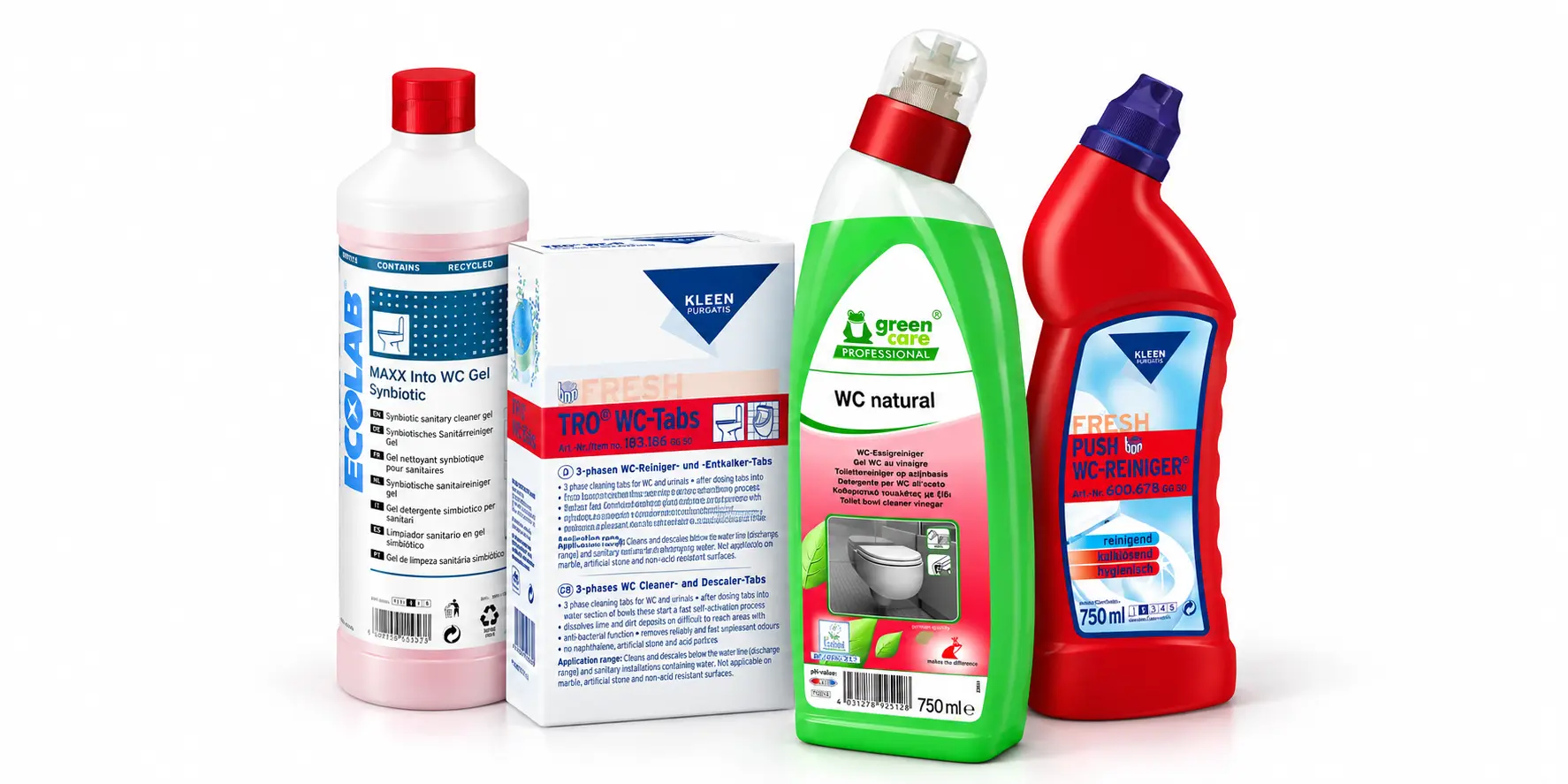 Auswahl an professionellen WC-Reinigern und Entkalker-Tabs von Ecolab und Kleen Purgatis