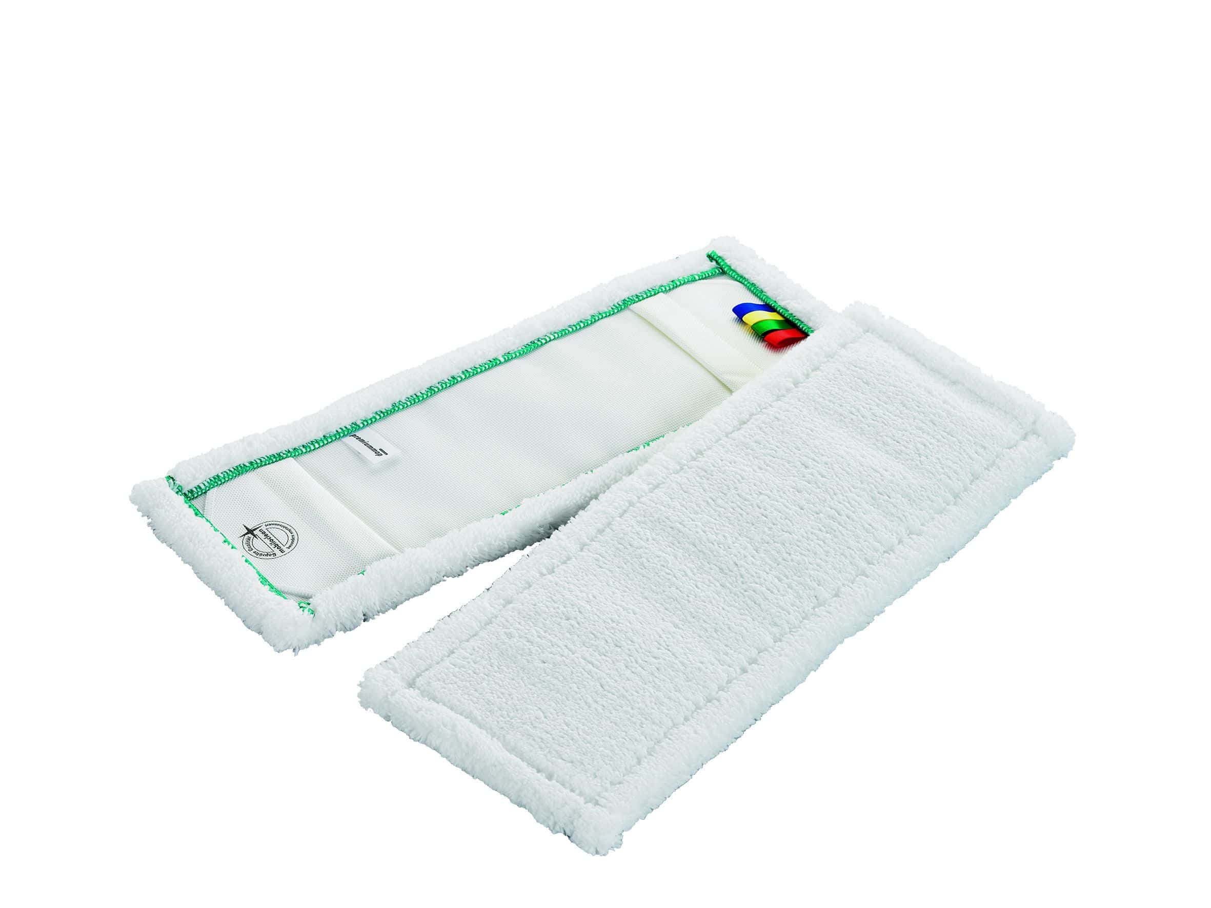 Mikrofaser-Reinigungspad mit Werkzeugtaschen Mikrofaser-Reinigungspad mit farbigen Nähten und Taschen für Reinigungswerkzeuge.