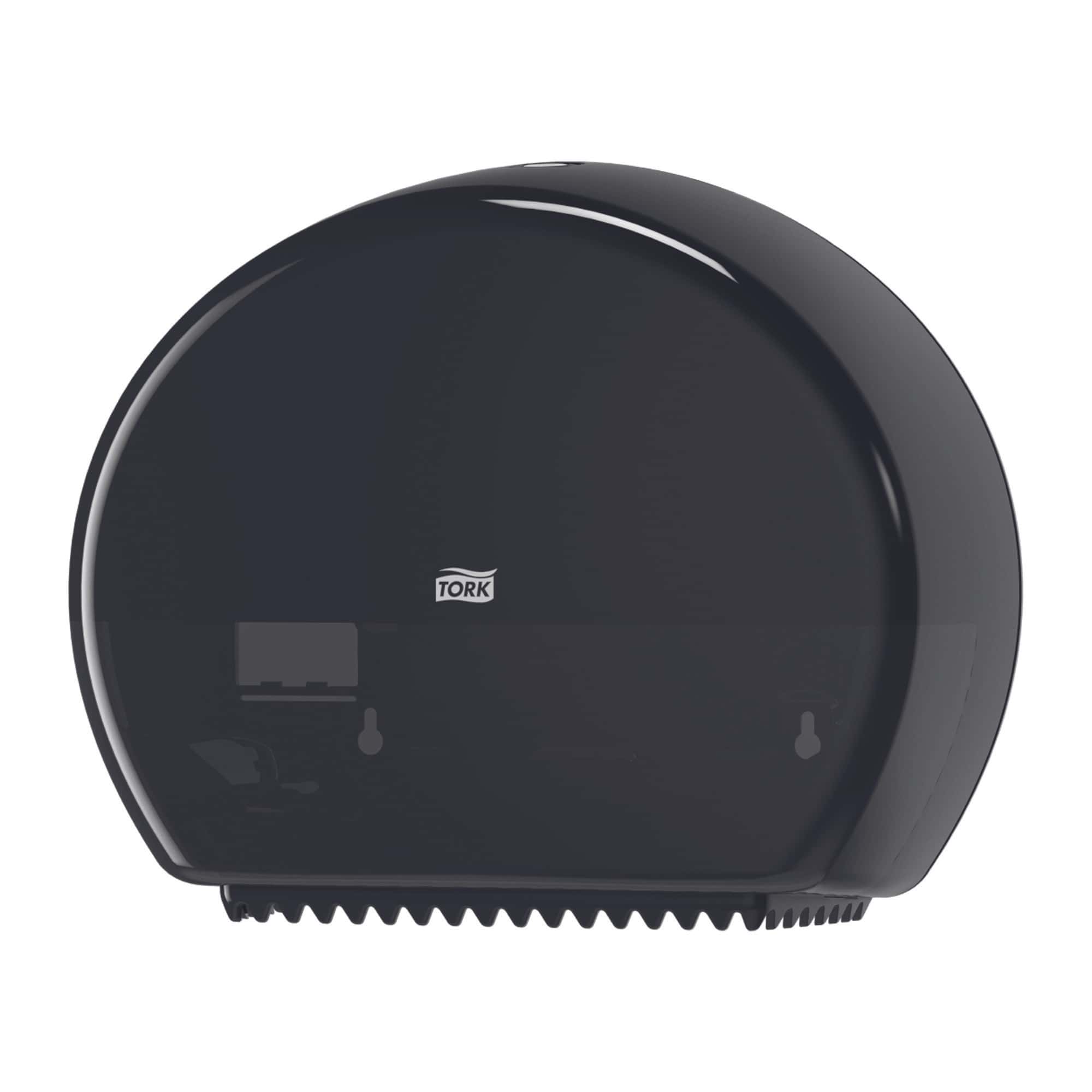 Tork Mini Jumbo Toilettenpapierspender Tork Mini Jumbo Toilettenpapierspender in Schwarz, Vorderansicht.