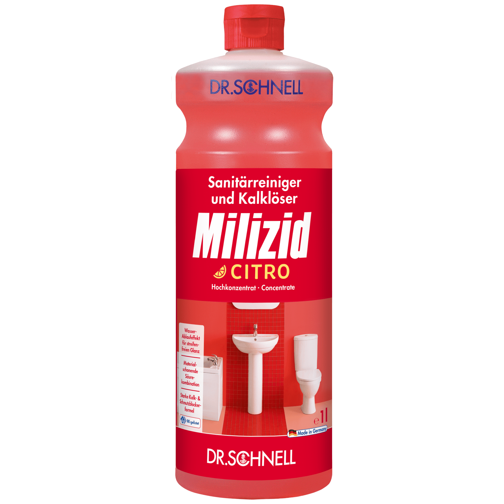 Dr. Schnell Milizid Citro Sanitärreiniger Dr. Schnell Milizid Citro Sanitärreiniger in der 1-Liter-Flasche für die professionelle Reinigung von Sanitäranlagen