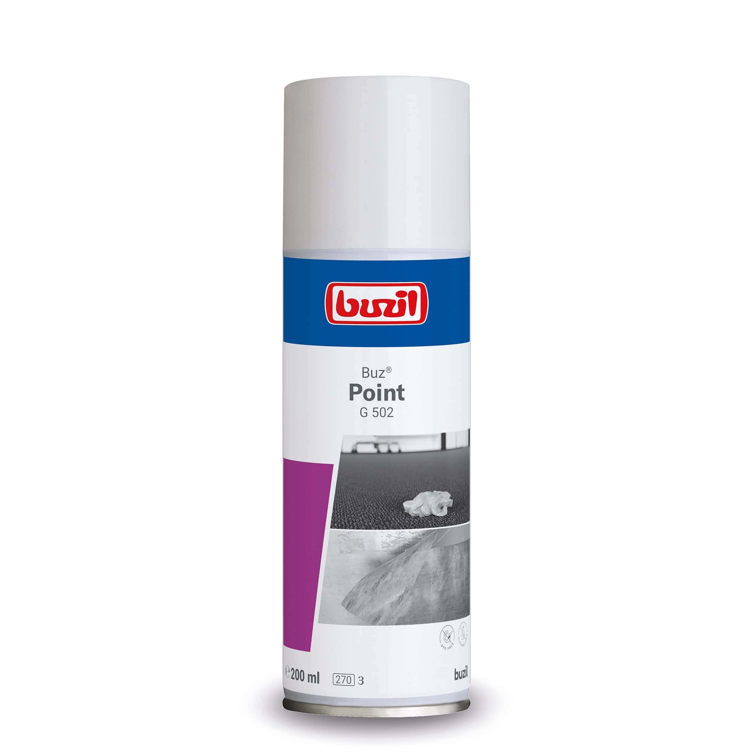 Buzil Point G 502 Reinigungsspray Buzil Point G 502 Spraydose mit blau-weißem Etikett für die professionelle Punktreinigung in der gewerblichen Gebäudepflege