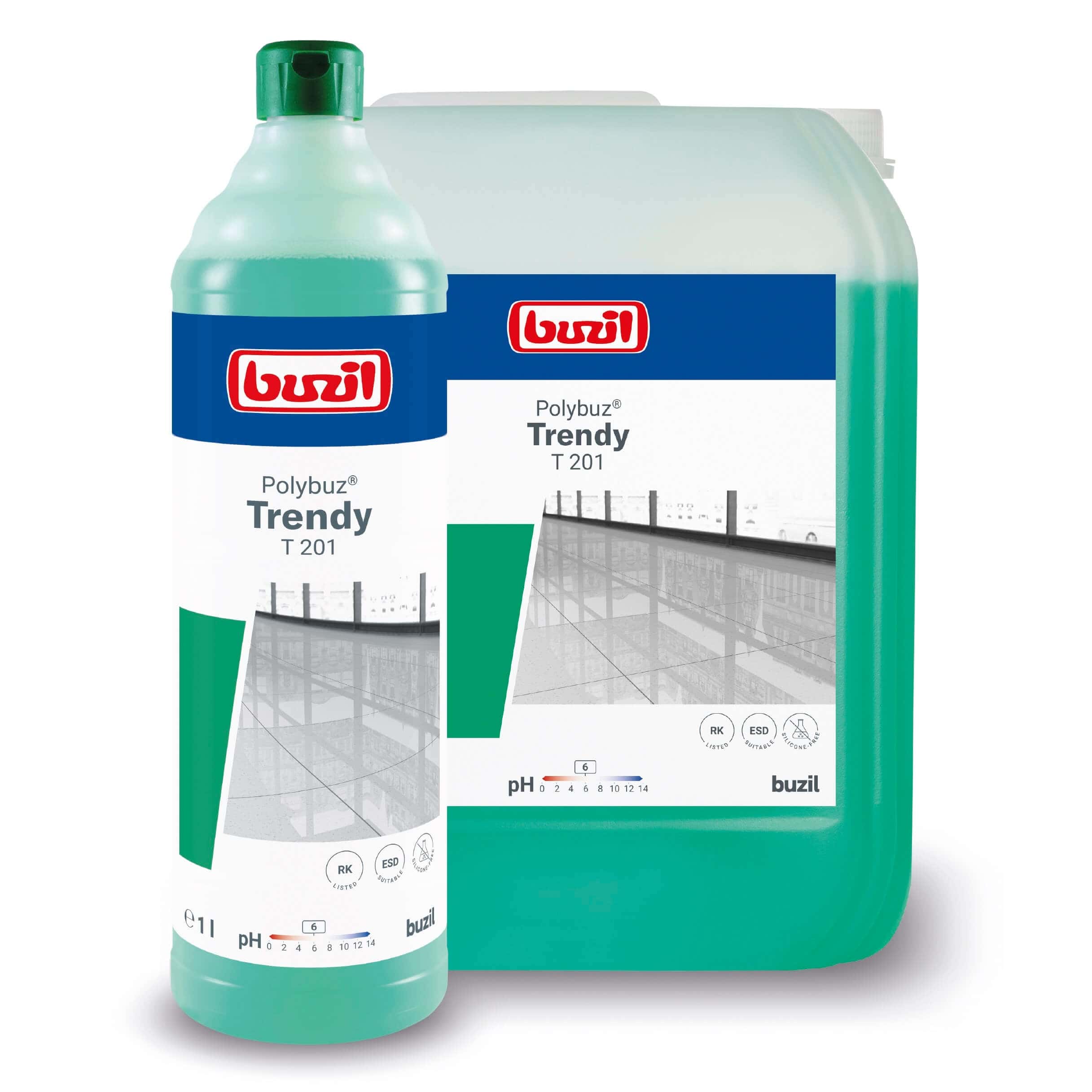 Buzil Polybuz Trendy T 201 Bodenreiniger Buzil Polybuz Trendy T 201 Bodenreiniger in einer Flasche und einem großen Kanister für die professionelle Gebäudebodenreinigung