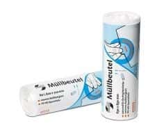 Rollen mit professionellen Müllbeuteln Zwei Rollen weiße Müllbeutel mit blauem Logo und aufgedruckten Produktinformationen für die professionelle Abfallentsorgung