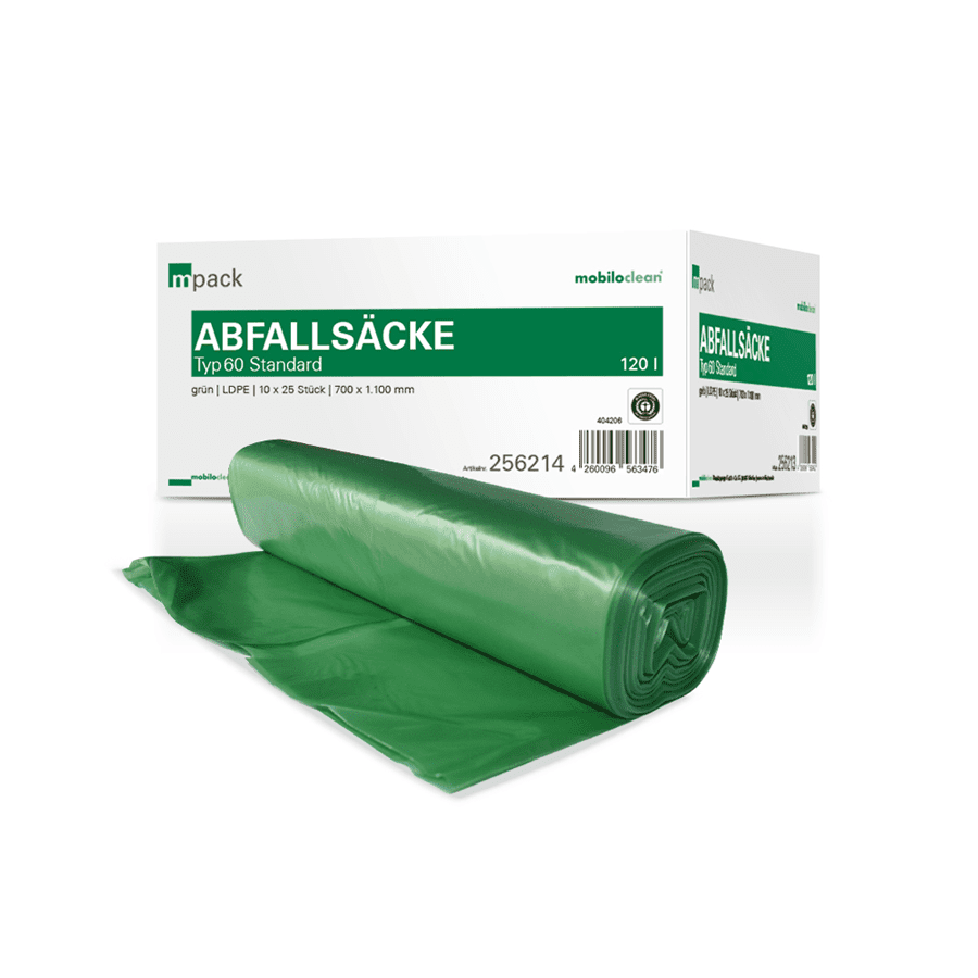 Mpack Grüne Abfallbeutel 120 Liter Grüne LDPE-Müllbeutel in der Rolle mit 120 Liter Fassungsvermögen und mpack-Kartonverpackung für die professionelle Müllentsorgung