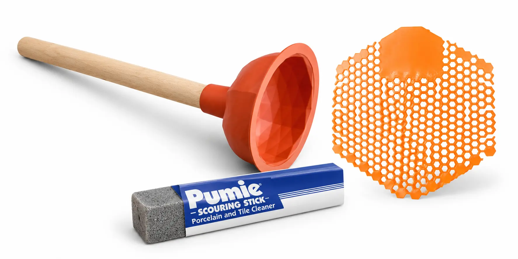 Pumie Scheuerstab mit orangefarbenem Kolben und sechseckigem Urinalsieb