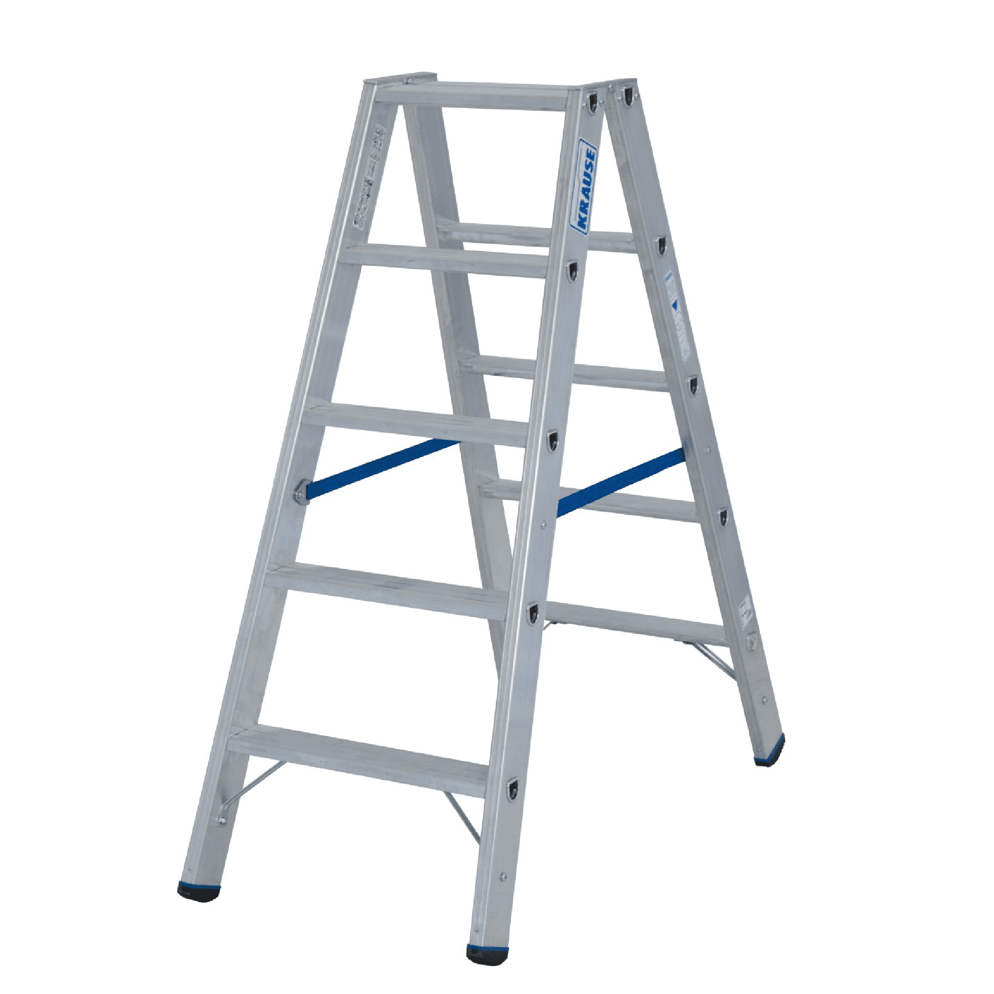 Krause Aluminium-Trittleiter Krause Aluminium-Stehleiter mit vier Stufen und blauen Sicherheitsgurten für den professionellen Einsatz bei Gebäudeunterhaltsarbeiten