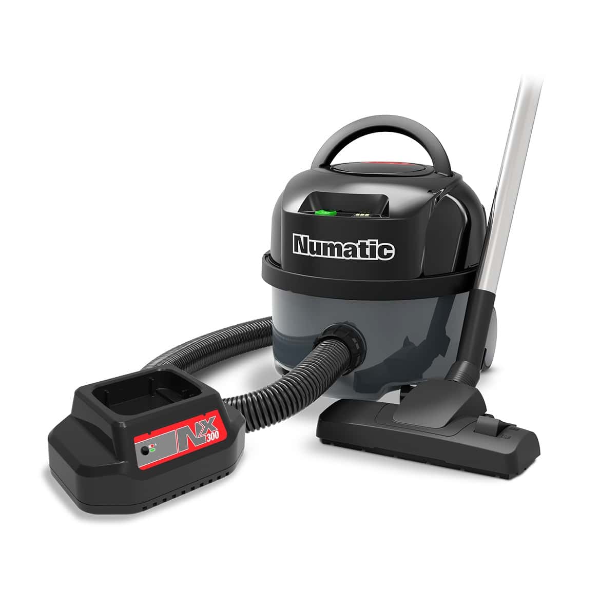 Numatic Industriesauger in Schwarz-Grau mit Saugschlauch, Bodendüse und Ladestation für professionelle Gebäudereinigung. Numatic Industriesauger in Schwarz-Grau mit Saugschlauch, Bodendüse und Ladestation für professionelle Gebäudereinigung.