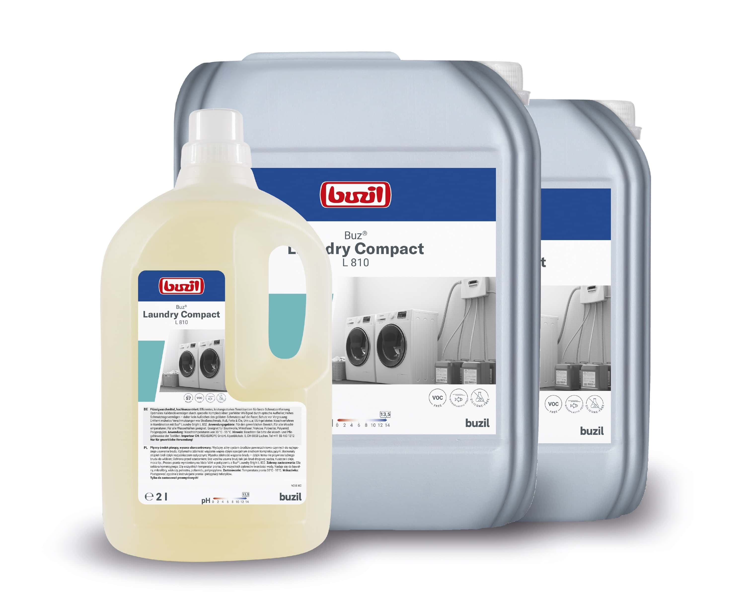 Buzil Laundry Compact L 810 Waschmittel Buzil Laundry Compact L 810 in Flasche und zwei Kanistern