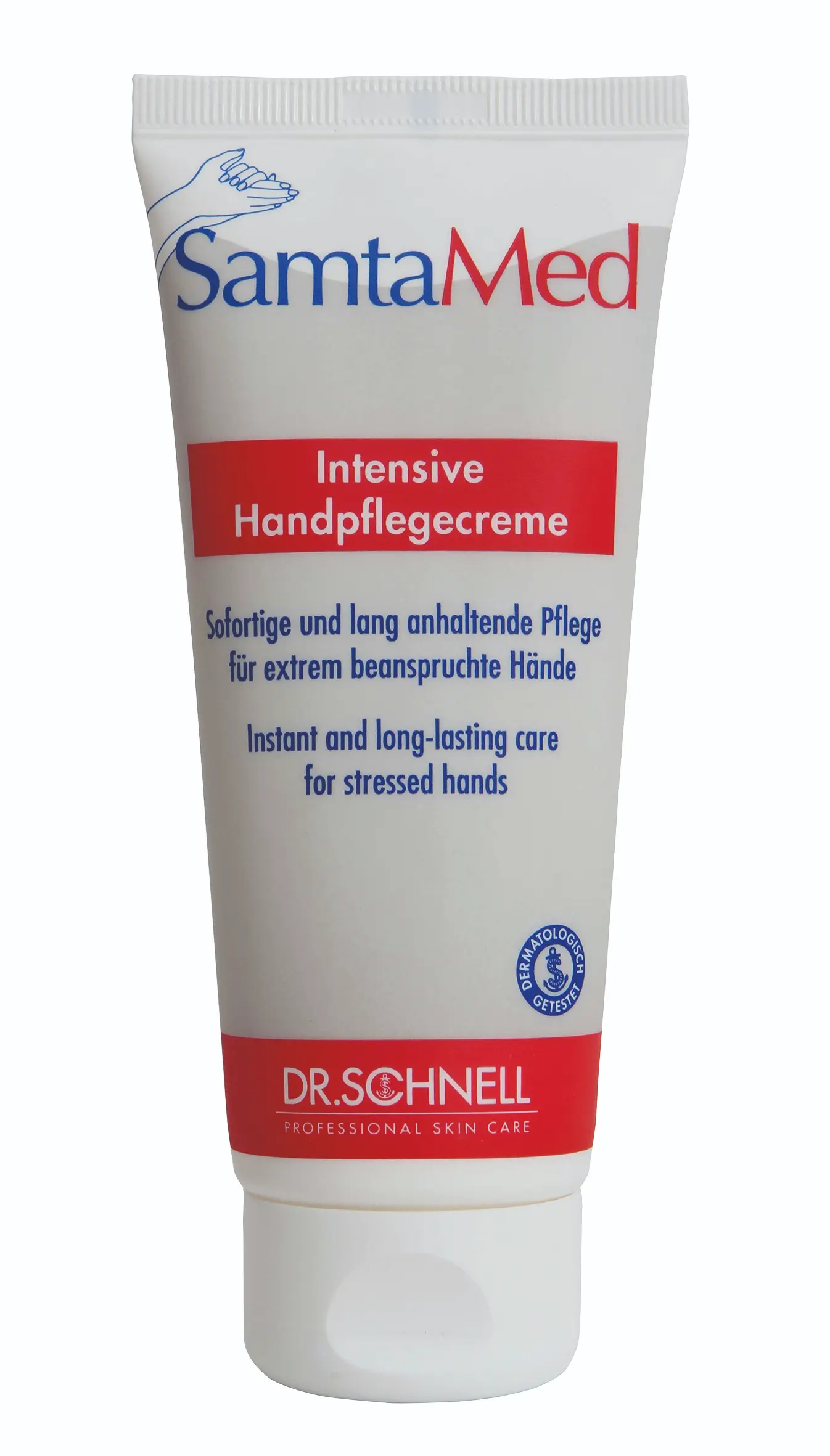 SamtaMed Intensive Handpflegecreme von Dr. Schnell in weißer Tube mit rotem Etikett für beanspruchte Hände SamtaMed Intensive Handpflegecreme von Dr. Schnell in weißer Tube mit rotem Etikett für beanspruchte Hände