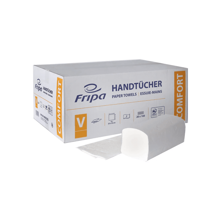 Fripa Comfort Papierhandtücher Fripa Comfort Papierhandtücher im weißen Karton mit V-Faltung für professionelle Hygiene und Waschräume