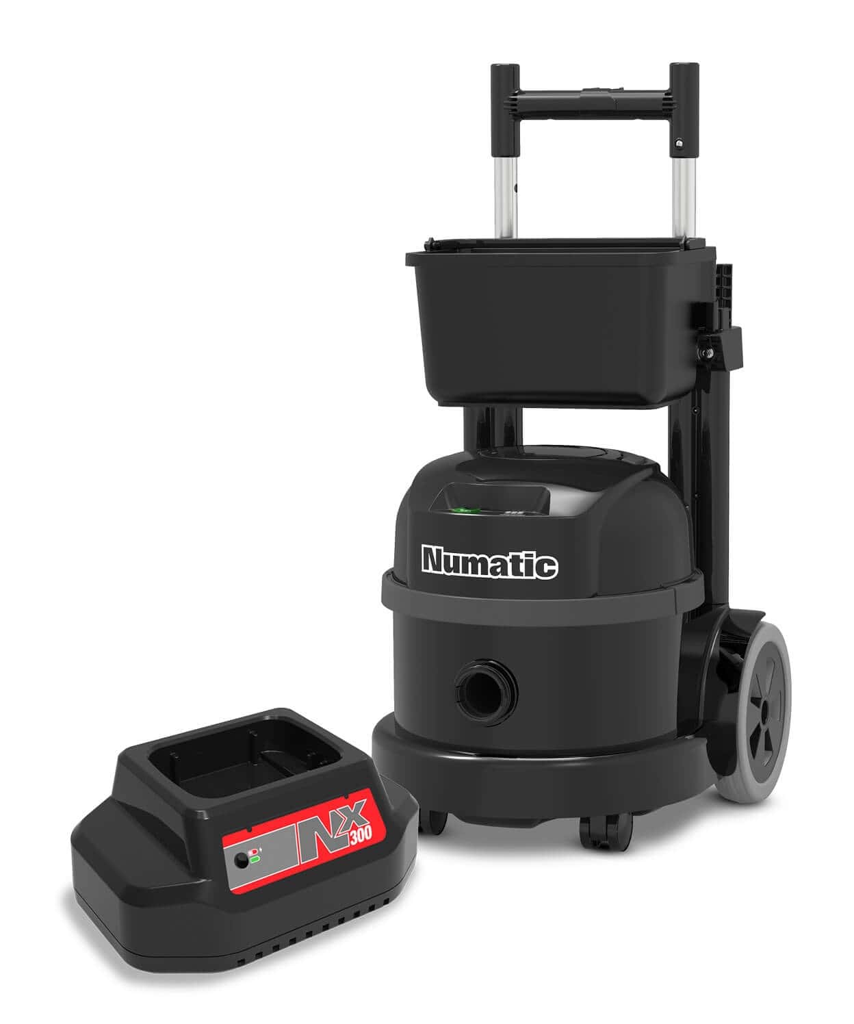 Numatic Akku-Staubsauger mit NX300 Ladestation Numatic Akku-Staubsauger mit schwarzem Gehäuse und NX300-Ladestation für die professionelle Bodenreinigung