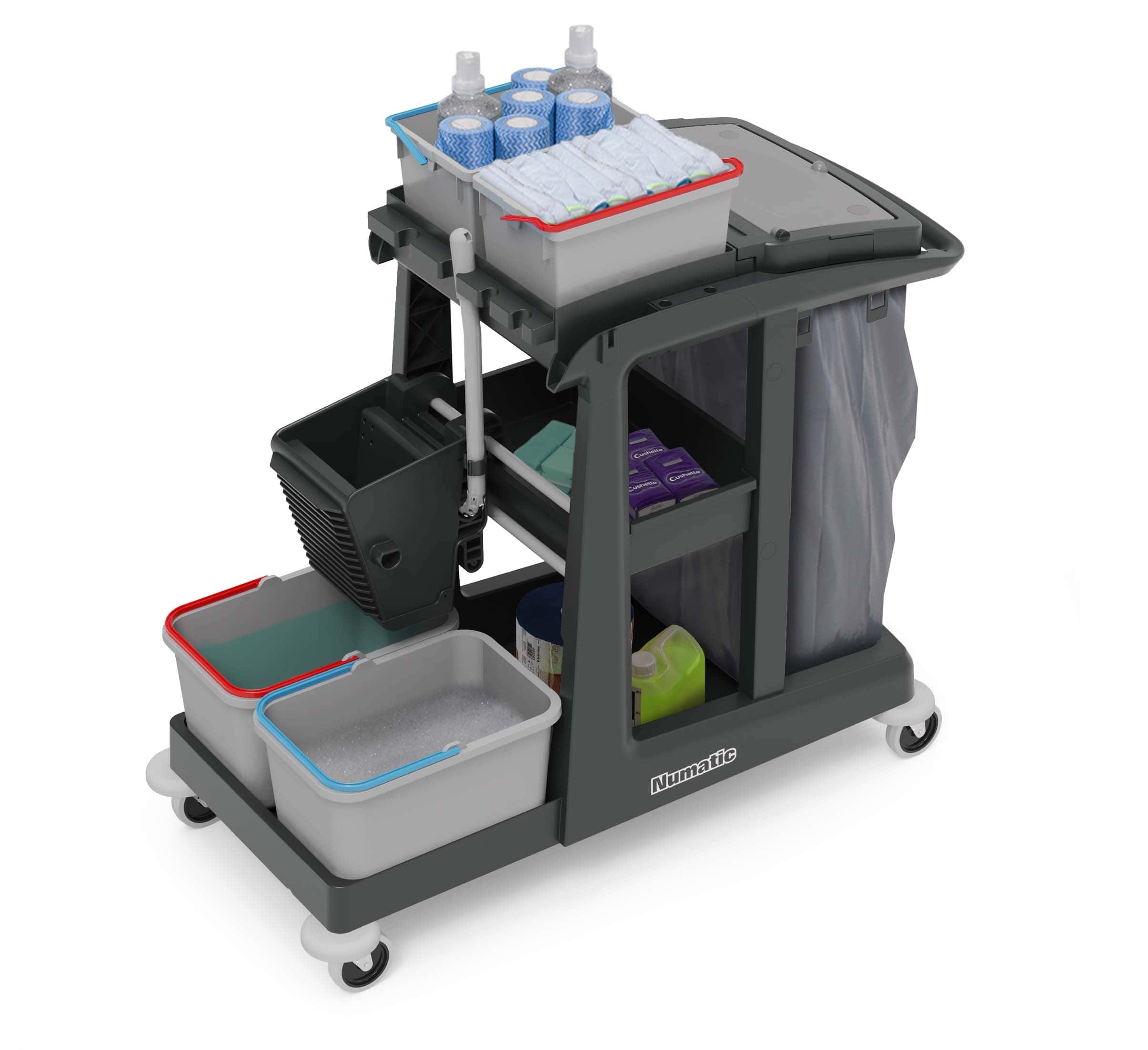 Numatic EcoMatic EM3A Reinigungswagen Numatic-Reinigungswagen mit verschiedenen Reinigungsmitteln und Eimern.