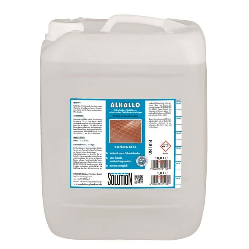 Alkalischer Universalreiniger ALKALLO Konzentrat im weißen 10-Liter-Kanister mit blauem Etikett für die professionelle Bodenreinigung Alkalischer Universalreiniger ALKALLO Konzentrat im weißen 10-Liter-Kanister mit blauem Etikett für die professionelle Bodenreinigung