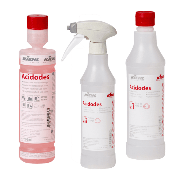 Kiehl Acidodes Desinfektionsflaschen Kiehl Acidodes Desinfektionsmittel in drei verschiedenen Flaschen, darunter eine Sprühflasche und zwei mit Schraubverschluss.
