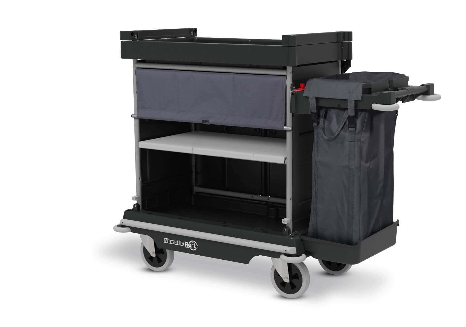 Numatic Reinigungswagen mit Abfallbeutelhalter Numatic-Reinigungswagen mit grauen Ablageflächen und einem Abfallbeutelhalter für professionelle Gebäudeinstandhaltungsaufgaben