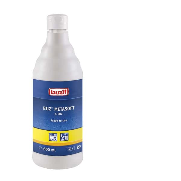 Buzil Metasoft G 507 Reinigungsmittel Buzil Metasoft G 507 Reinigungsmittel in der weißen 600 ml Dosierflasche mit blauem Etikett für die professionelle Oberflächenreinigung