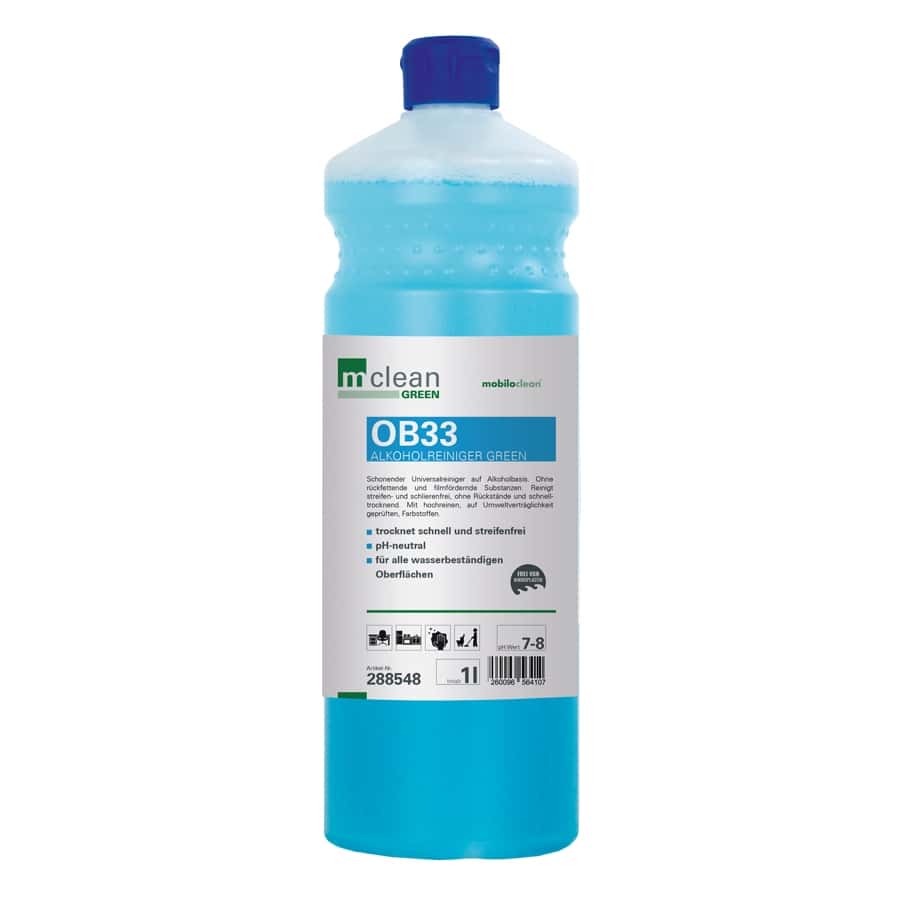 m clean OB33 Alkoholreiniger Green in blauer Flasche mit blauem Deckel für streifenfreie Unterhaltsreinigung m clean OB33 Alkoholreiniger Green in blauer Flasche mit blauem Deckel für streifenfreie Unterhaltsreinigung