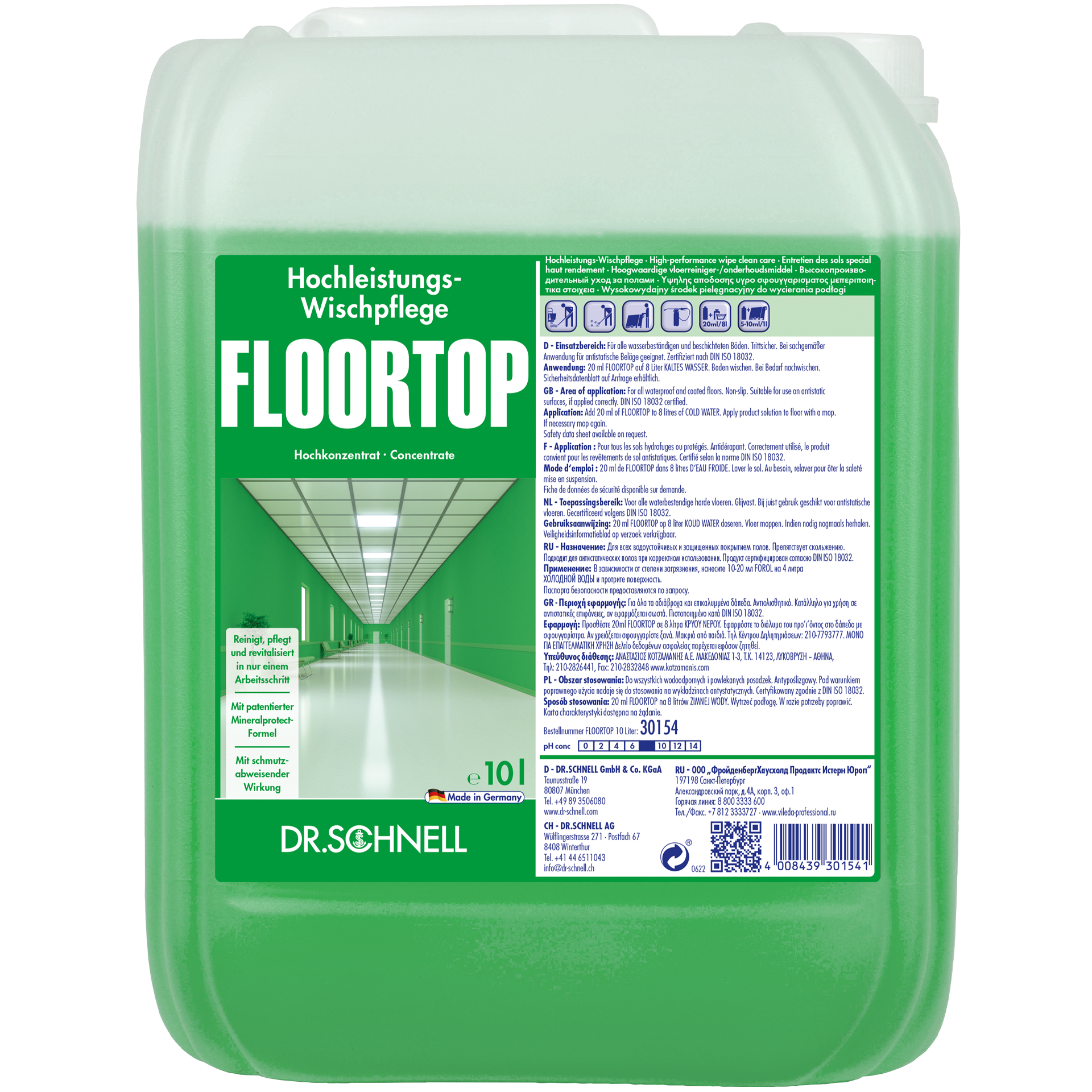 Dr. Schnell Floortop Hochkonzentrat in grüner Kanisterform für professionelle Bodenreinigung