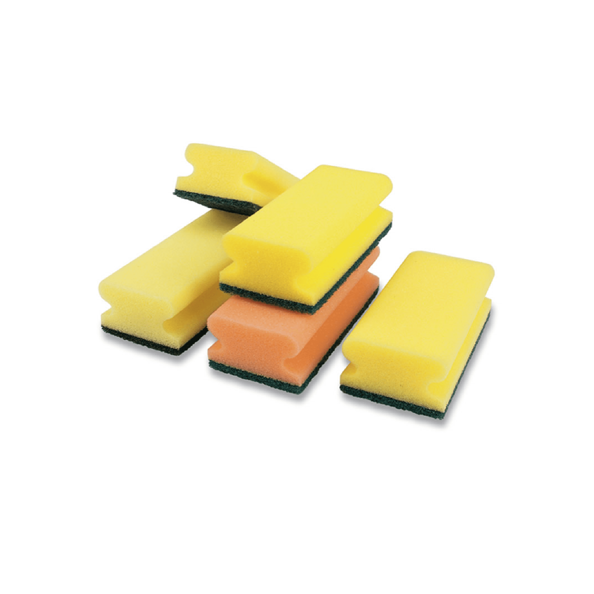 Buntes Reinigungsschwämme-Set Set aus Schwämmen in Gelb und Orange mit grünen Scheuerrücken