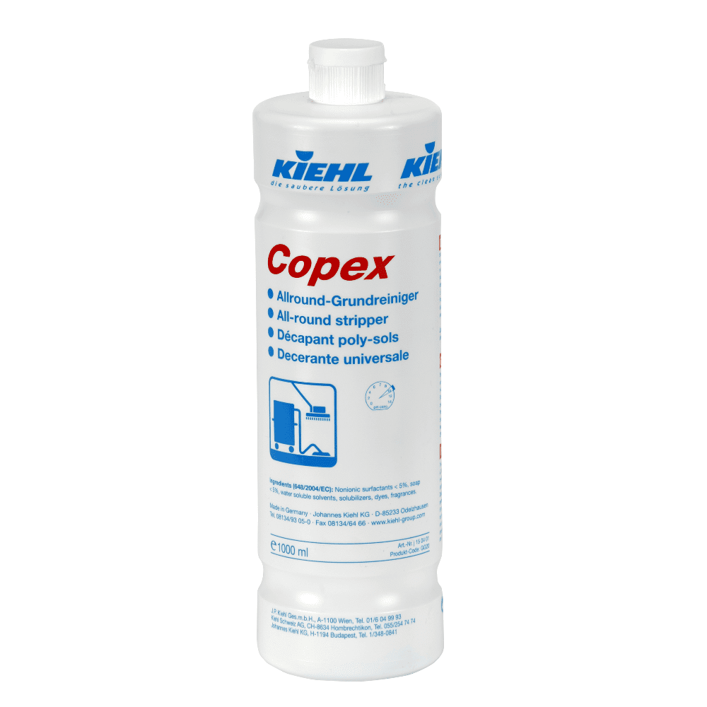 Kiehl Copex Allround-Grundreiniger in weißer 1000 ml Flasche mit blau-rotem Etikett für professionelle Bodenreinigung Kiehl Copex Allround-Grundreiniger in weißer 1000 ml Flasche mit blau-rotem Etikett für professionelle Bodenreinigung