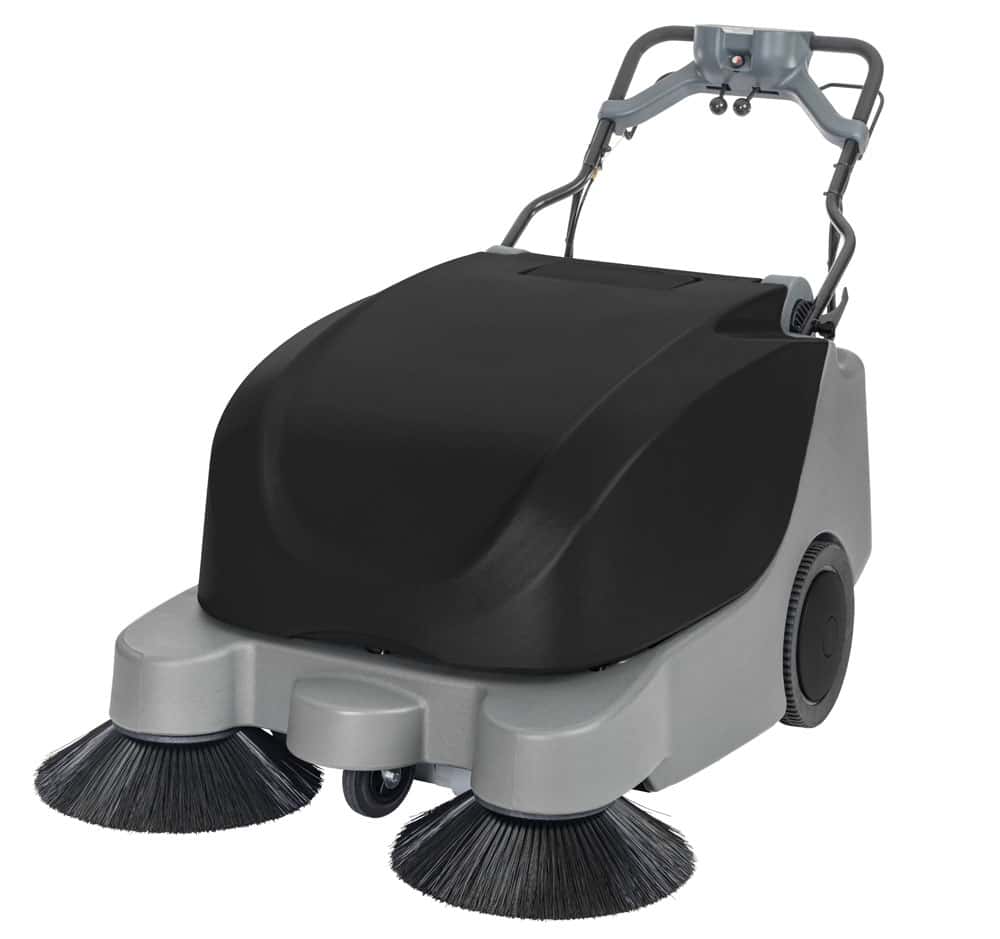 Kehrmaschine mit schwarzem Gehäuse und zwei seitlichen Bürsten für die Bodenreinigung im gewerblichen Bereich Kehrmaschine mit schwarzem Gehäuse und zwei seitlichen Bürsten für die Bodenreinigung im gewerblichen Bereich