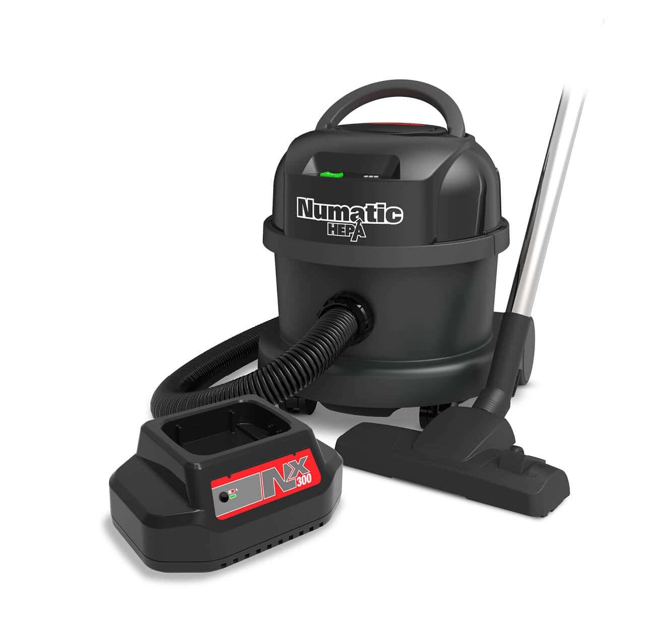 Numatic HEPA-Akku-Staubsauger Numatic HEPA Akku-Staubsauger mit schwarzem Gehäuse, Saugschlauch, Bodendüse und NX300-Akku für die Trockenreinigung