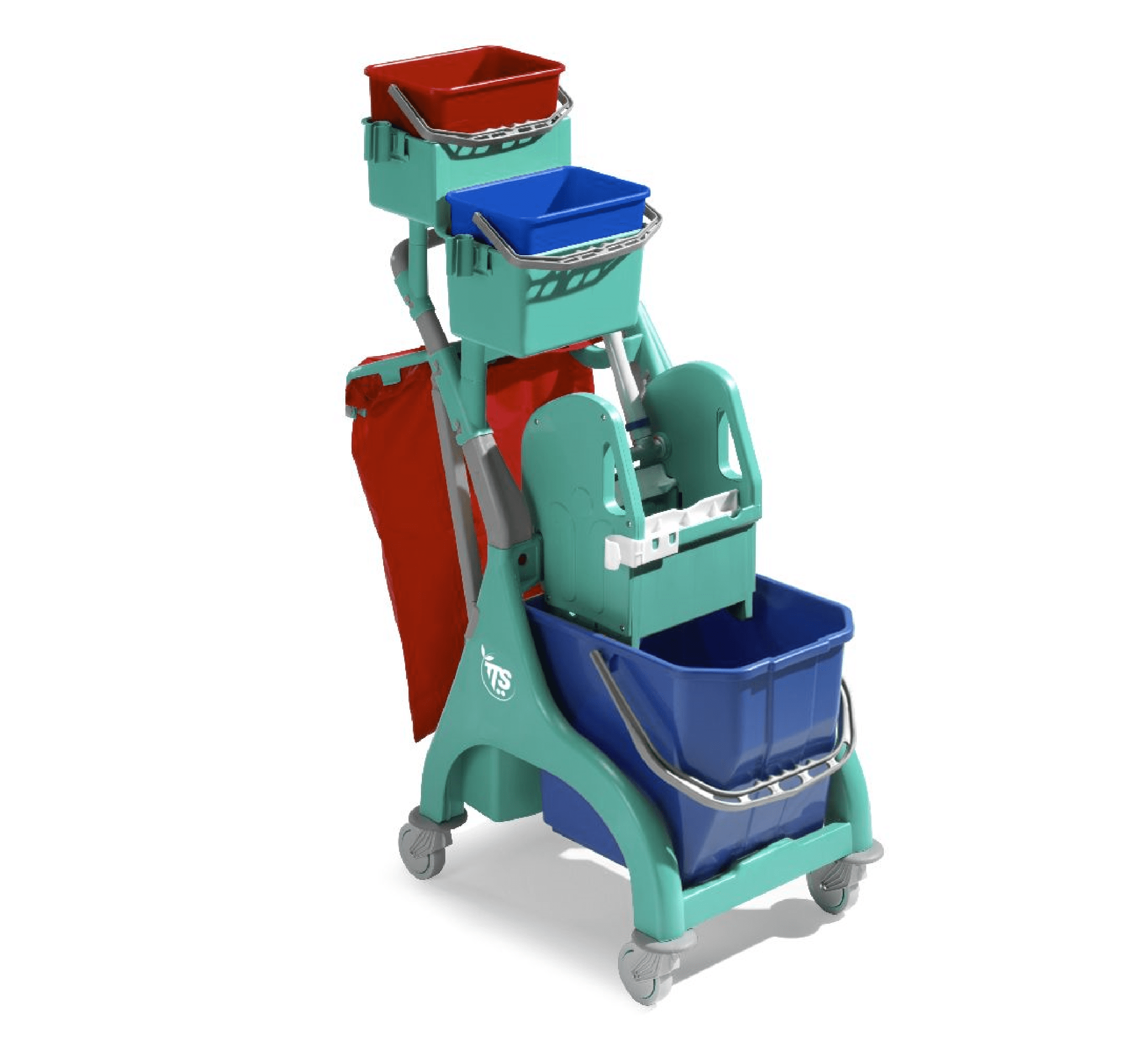 TTS CLEANING S.R.L. Nick Plus 30 Reinigungswagen TTS CLEANING S.R.L. Nick Plus 30 Reinigungswagen mit mehreren Eimern und einer roten Tasche.
