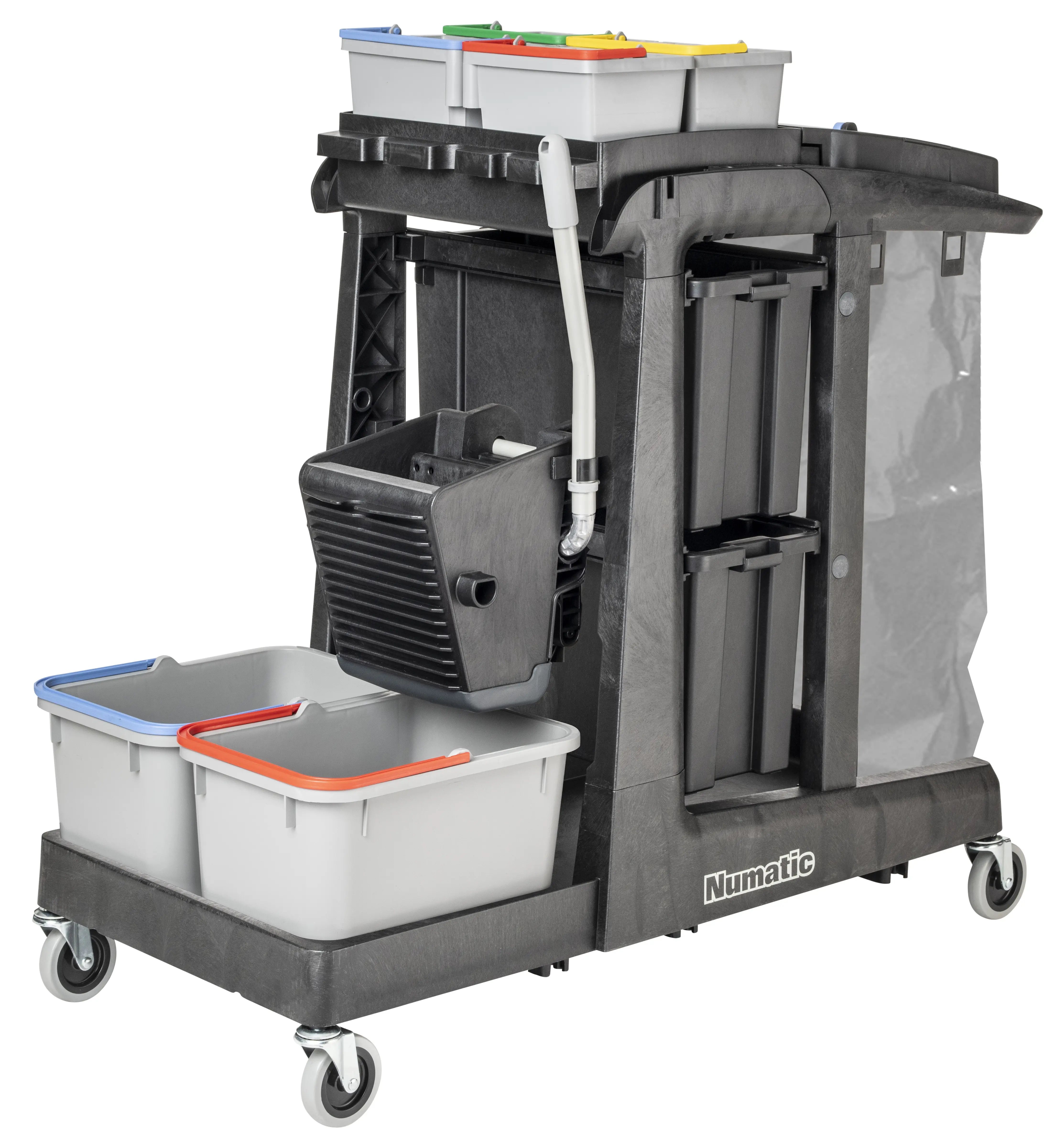Numatic Profi-Reinigungswagen Numatic Reinigungswagen mit schwarzem Rahmen, Mopppresse, mehreren Eimern und Abfallbeutel für die professionelle Gebäudereinigung