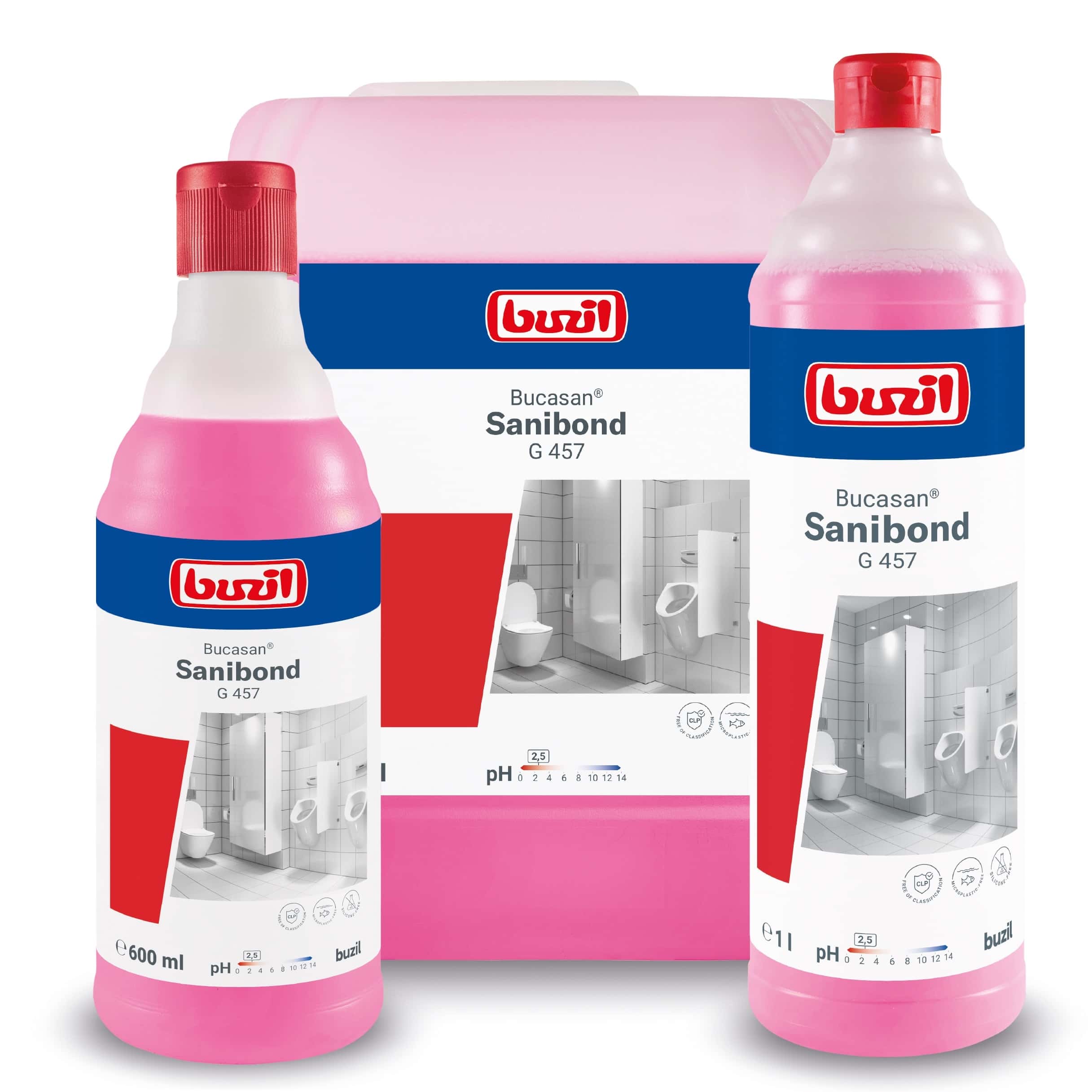 Buzil Sanitärreiniger Bucasan G 457 in Flasche und Kanister mit rosa Etikett für professionelle Sanitärreinigung Buzil Sanitärreiniger Bucasan G 457 in Flasche und Kanister mit rosa Etikett für professionelle Sanitärreinigung