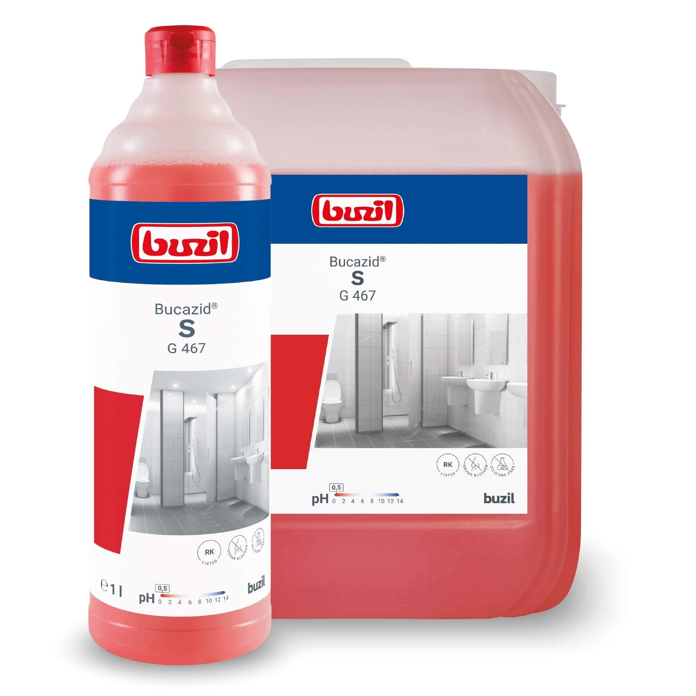 Buzil Bucazid S Sanitärreiniger Buzil Bucazid S Sanitärreiniger in Flasche und Kanister mit roter Flüssigkeit für die professionelle Sanitärraumreinigung