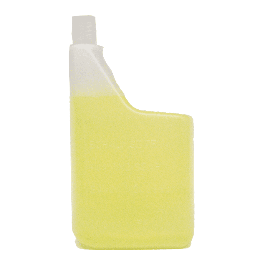 Gelbe Flasche mit flüssiger Reinigungslösung Transparente Flasche mit gelber Flüssigkeit, sichtbare Messmarkierungen.