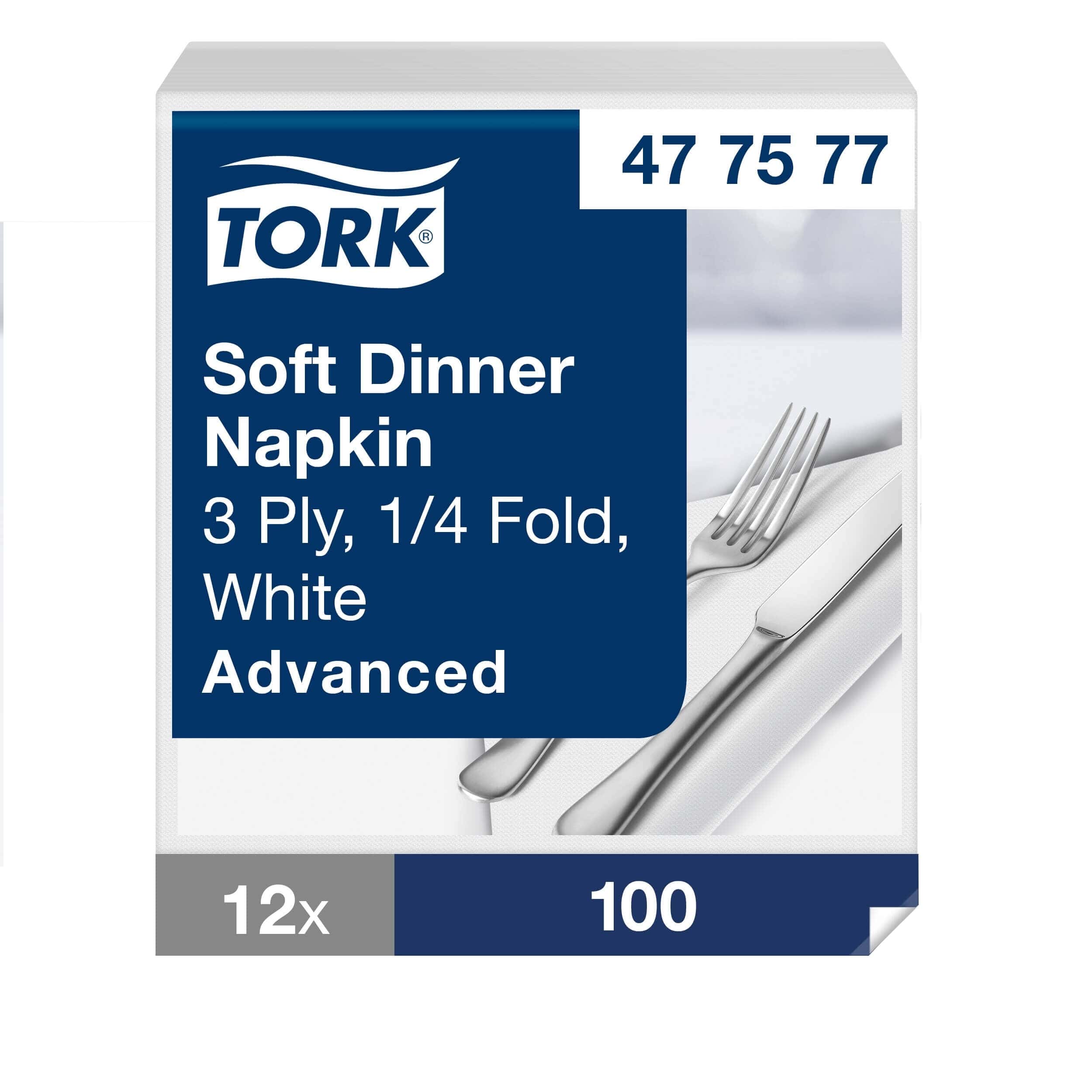 Weiche Abendessenservietten von Tork, 3-lagig, Weiß Tork Soft Dinner-Serviettenpaket mit 3-lagigen weißen Servietten in 1/4-Faltung, bestehend aus 12 Packungen à 100 Stück für den Speiseservice.