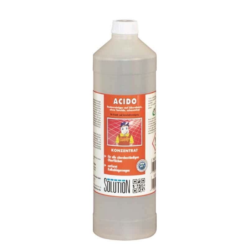 Acido Bodenreiniger-Konzentrat Acido Bodenreiniger-Konzentrat in der Kunststoffflasche mit orangefarbenem Etikett für die professionelle Bodenreinigung auf Säurebasis