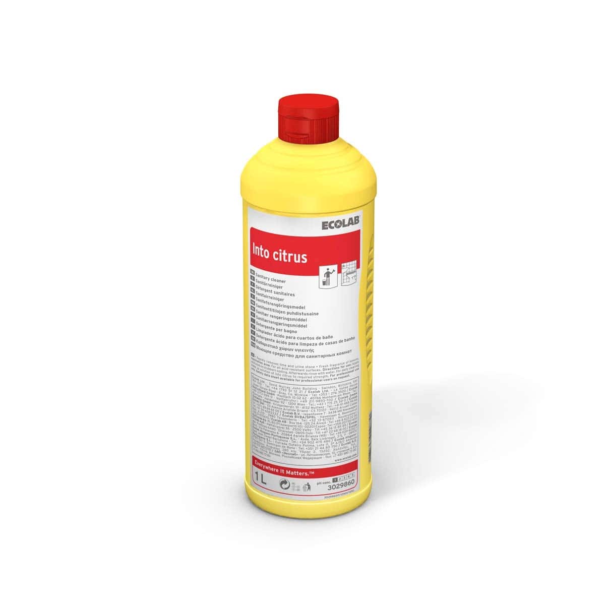 Ecolab Into Citrus Sanitärreiniger Ecolab Into Citrus Sanitärreiniger in der gelben 1-Liter-Flasche mit rotem Verschluss für die professionelle Gebäudereinigung