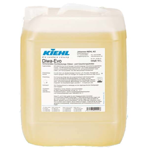 Kiehl Diwa Evo Geschirrspülmittel 10L Kiehl Diwa Evo Geschirrspülmittel im 10-Liter-Kanister mit weißem Griff für die professionelle Küchenreinigung