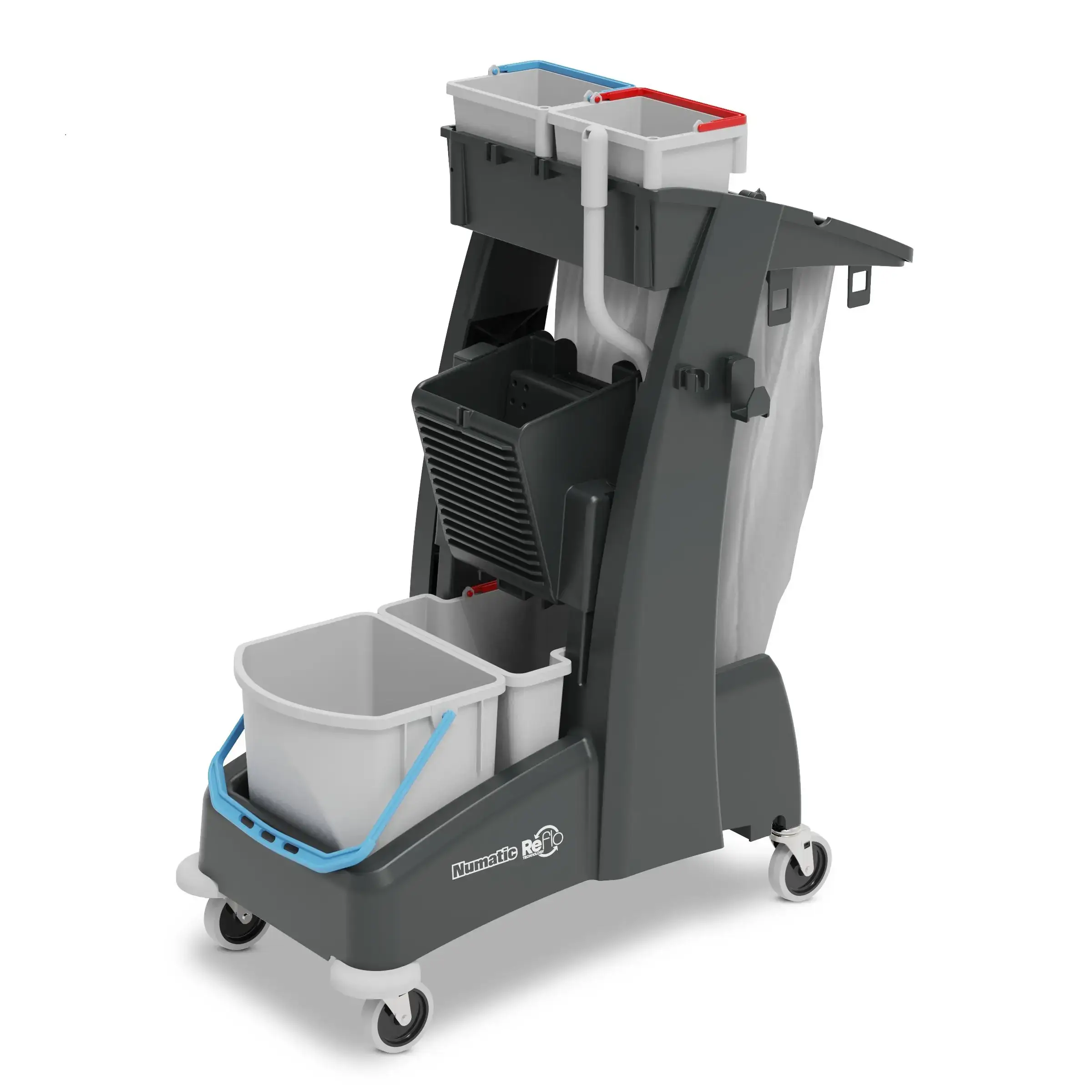 Numatic Reinigungswagen Numatic-Reinigungswagen mit grauem Rahmen, mehreren Eimern und Abfallbeutelhalter für die professionelle Gebäudereinigung