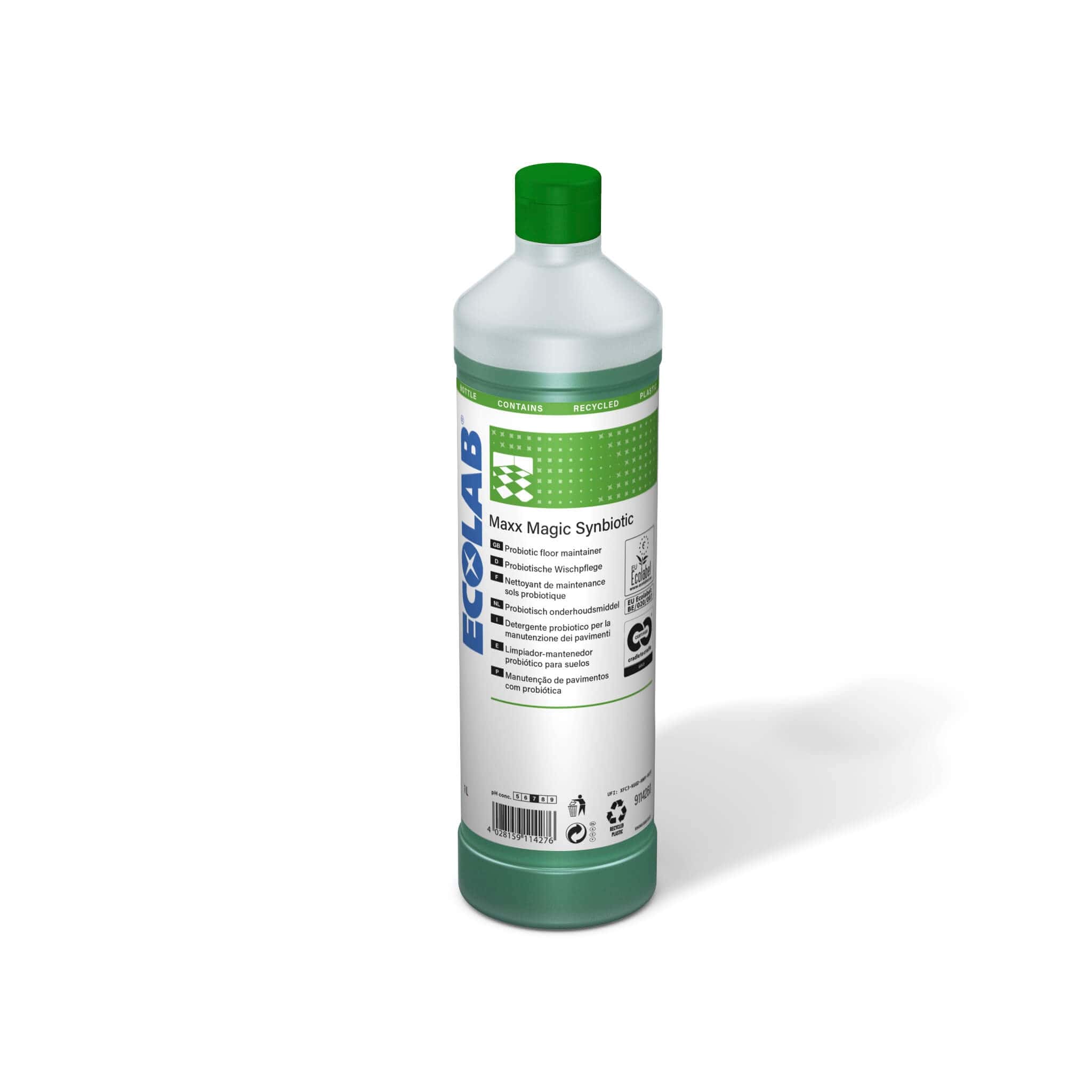 Ecolab Maxx Magic Synbiotischer Bodenreiniger Ecolab Maxx Magic Synbiotic Bodenreiniger in einer 1-Liter-Flasche mit grünem Verschluss für die professionelle Bodenpflege