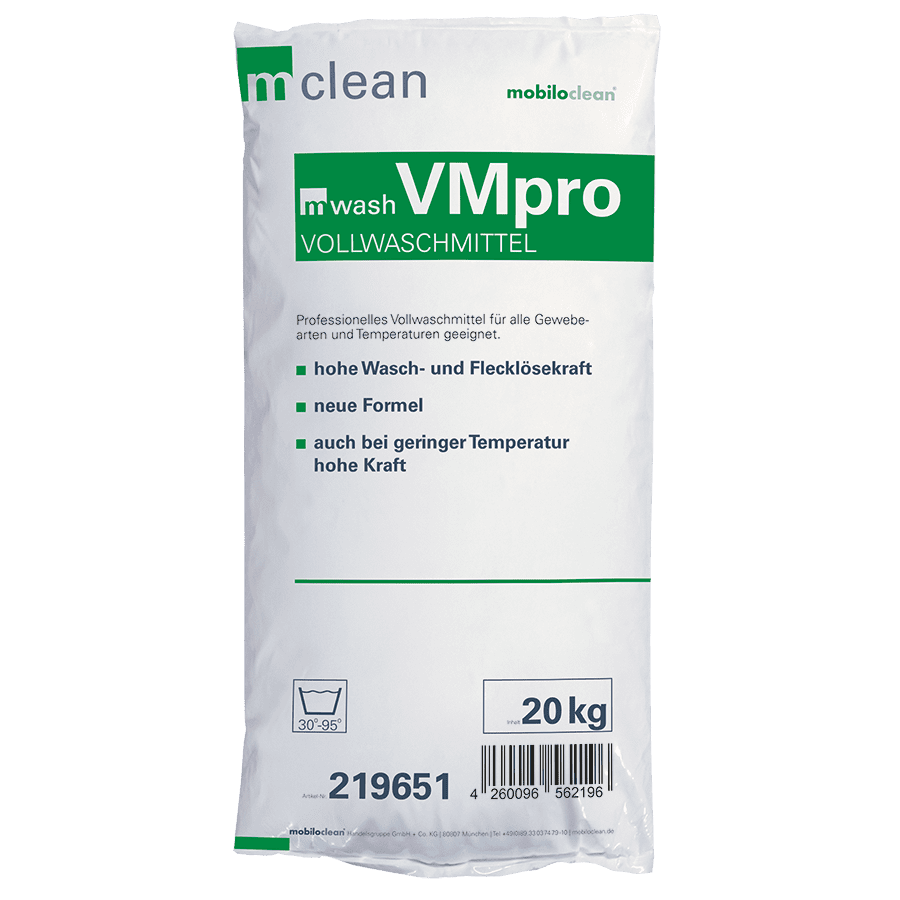 Mobilo Clean VMpro Vollwaschmittel im 20 kg Sack mit grünem Etikett für professionelle Textilreinigung Mobilo Clean VMpro Vollwaschmittel im 20 kg Sack mit grünem Etikett für professionelle Textilreinigung