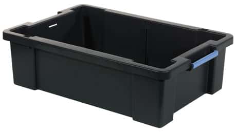Kleine Ablagebox von Numatic Deutschland Schwarze Aufbewahrungsbox mit blauem Griff, geeignet zum Organisieren von Gegenständen.