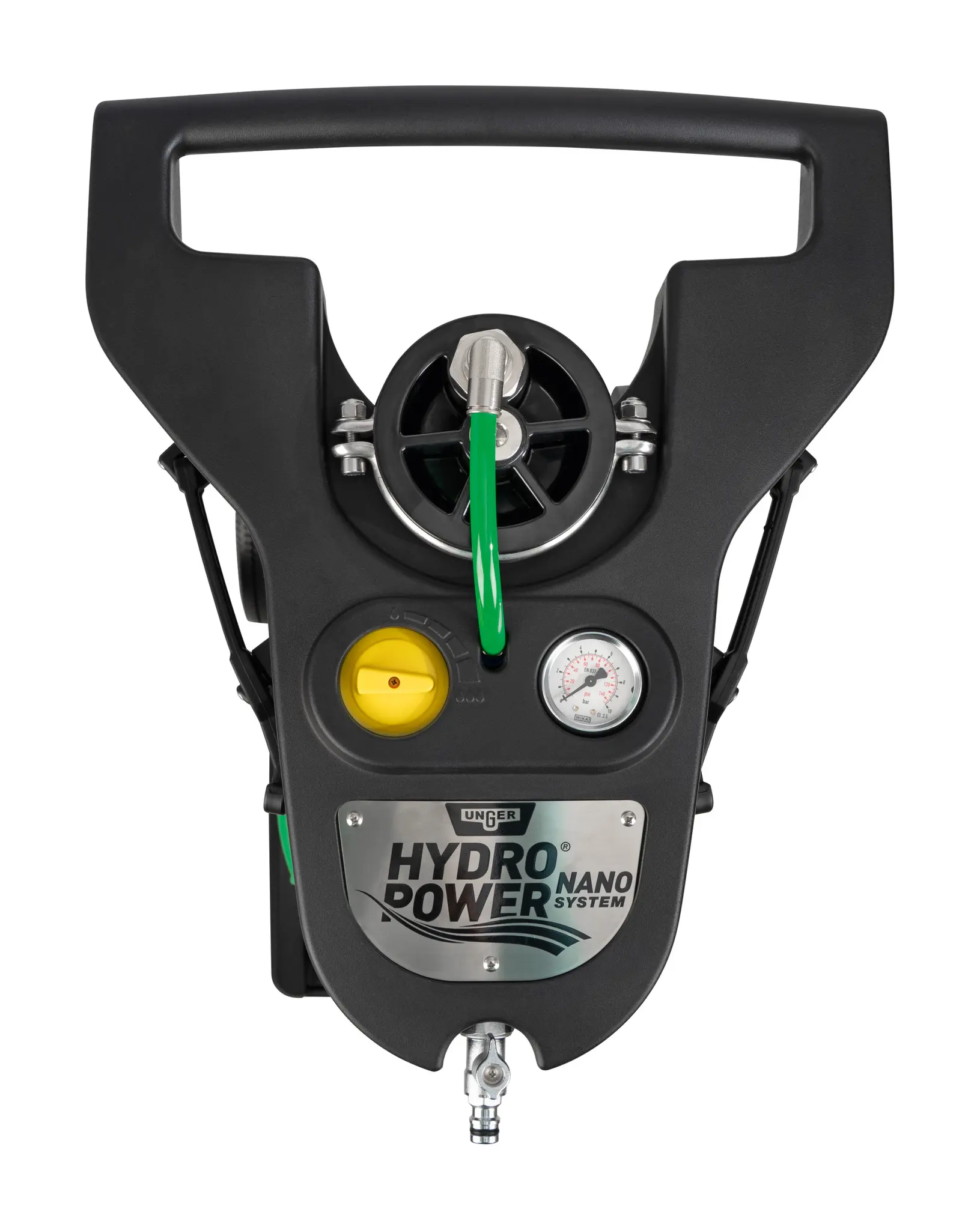 Unger Hydro Power Nano System mit Druckanzeige und gelbem Tankdeckel für professionelle Gebäudereinigung