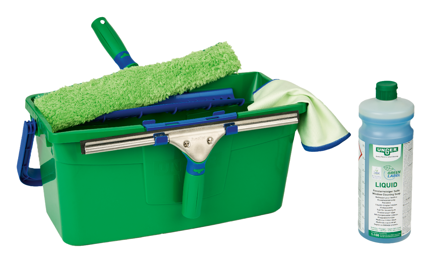 Unger Fensterreinigungs-Set mit grünem Eimer, Einwascher, Abzieher und blauem Flüssigreinigungskonzentrat für die professionelle Glasreinigung.
