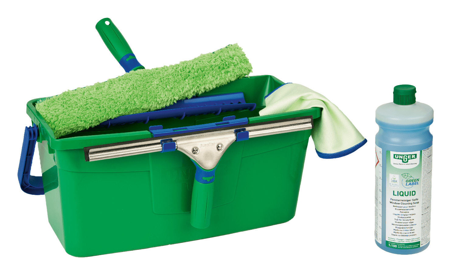 Unger Fensterreinigungs-Set mit grünem Eimer, Einwascher, Abzieher und blauem Flüssigreinigungskonzentrat für die professionelle Glasreinigung. Unger Fensterreinigungs-Set mit grünem Eimer, Einwascher, Abzieher und blauem Flüssigreinigungskonzentrat für die professionelle Glasreinigung.