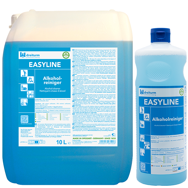 Dreiturm Easyline Alkoholreiniger im 10-Liter-Kanister und passender Flasche für professionelle Bodenreinigungsaufgaben